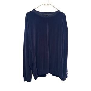 Champion Velour Sweatshirt Crewneck in Navy Blue Ribbed Hem and Sleeves Mens XL